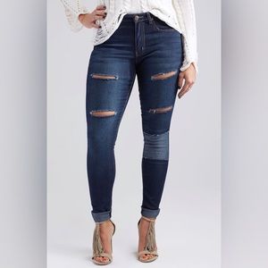 Dark Blue Distressed Patch-Accent Skinny Jeans
